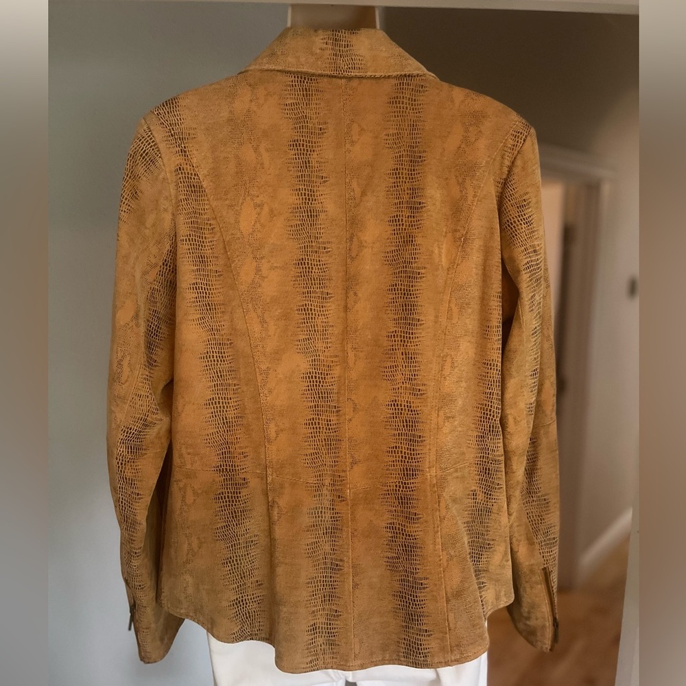 Bradley Bayou Coastal Cowgirl Caramel Tan Snakeskin Print Suede Leather Jacket M - Picture 4 of 12